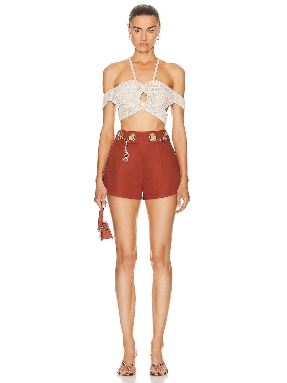 cult gaia Lucia High-Waist Rust grommet Shorts with Gold Hardware belt